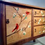 marquetry woodworking veneer robins tree and flowers wayne delyea