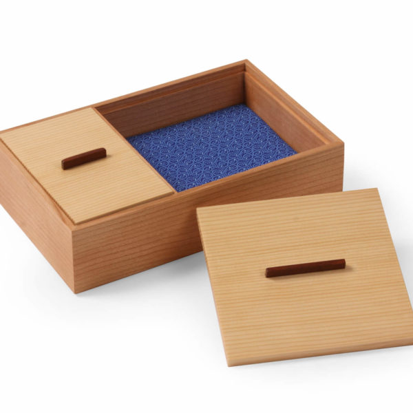 two compartment box with blue fabric